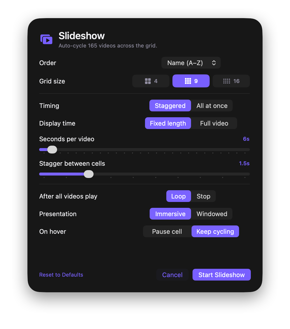 VidViewer's Slideshow setup sheet: order by name, a 9-up grid, staggered timing, a fixed 6 second display with a 1.5 second cell stagger, loop when finished, and immersive presentation.